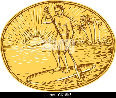 Stand Up Paddle Boarding Surfing Etching Stock Vector