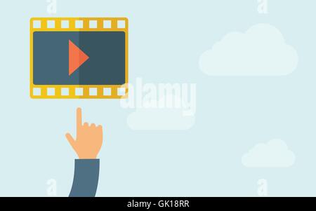 Hand pointing to a film icon. Stock Vector