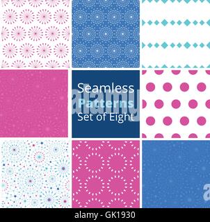 Vector blue abstract line art circles set of eight matching colorful seamless patterns backgrounds Stock Vector