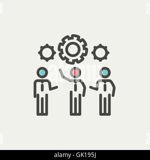 Businessmen holding a gear of machine thin line icon Stock Vector