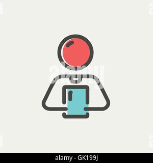 Man holding touch screen tablet thin line icon Stock Vector