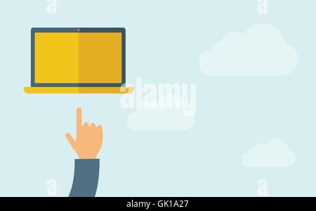 Hand pointing at blank screen of  laptop. Stock Vector