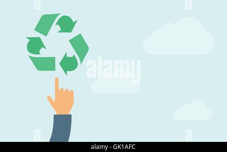 Hand pointing to recycling icon Stock Vector