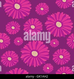Seamless pattern with purple gerbera flowers on dark background. Stock Vector