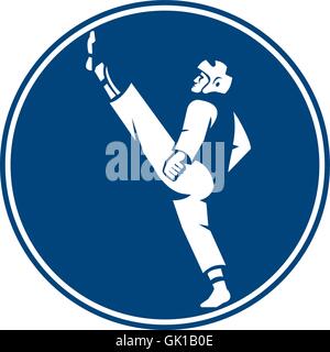 Taekwondo Fighter Kicking Stance Circle Icon Stock Vector