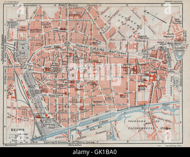 REIMS antique town city plan de la ville. Marne carte. BAEDEKER, 1899 ...