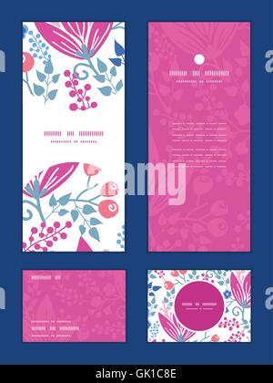 Vector pink flowers vertical frame pattern invitation greeting, RSVP and thank you cards set Stock Vector