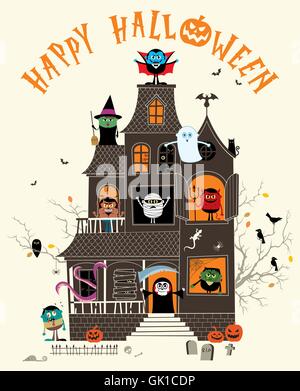 Halloween illustration with spooky haunted house full of monsters. Stock Vector