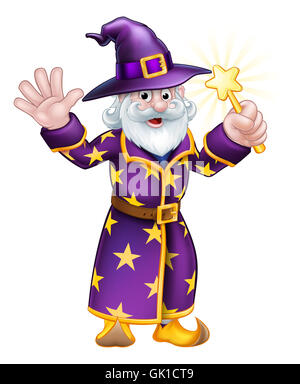A cartoon Halloween wizard character waving a magic wand Stock Photo
