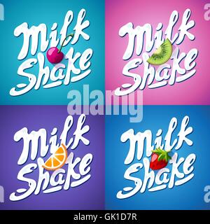 Set of lettering milkshake sign with Strawberry, kiwi, orange, cherry - label Stock Vector