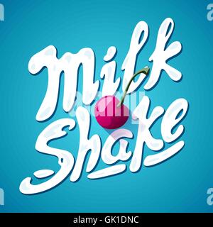 lettering milkshake sign with cherry - label for packing Stock Vector