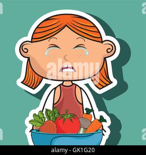 girl cry plate vegetables Stock Vector