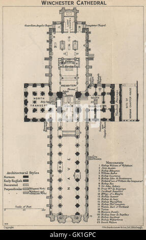 Winchester cathedral floor plan. Hampshire, 1939 vintage map Stock Photo