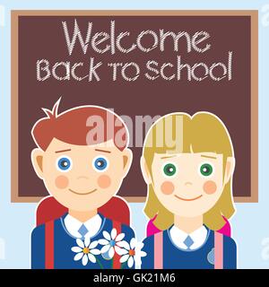 Welcome back to school card with a boy, a girl and flowers. Digital vector image Stock Vector