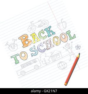 Welcome back to school card with kid sketches on notebook. Digital vector image Stock Vector