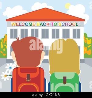 Welcome back to school card with a boy, a girl and flowers in front of the building. Digital vector image Stock Vector