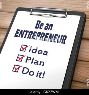 be an entrepreneur clipboard 3D image with check boxes marked for idea, plan and do it Stock Vector