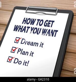 how to get what you want clipboard 3D image with check boxes marked for dream, plan and do it Stock Vector