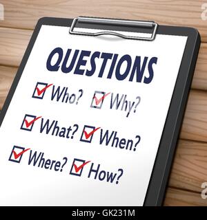 questions clipboard 3D image with check boxes marked for who, why, what, when, where and how Stock Vector