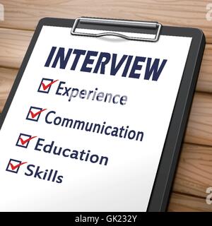 interview clipboard 3D image with check boxes marked for experience, communication, education and skills Stock Vector