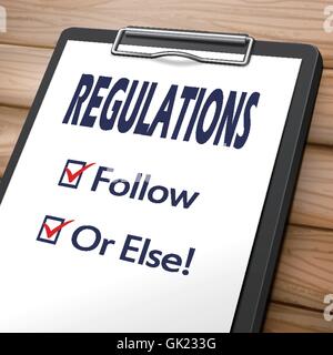 regulations clipboard 3D image with check boxes marked for follow and or else Stock Vector