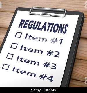 regulations clipboard 3D image with check boxes marked for item one, two, three and four Stock Vector