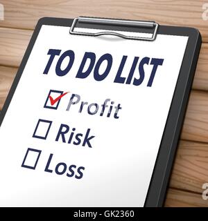 to do list clipboard 3D image with check boxes marked for profit, risk and loss Stock Vector