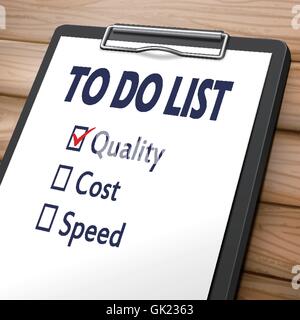 to do list clipboard 3D image with check boxes marked for quality, cost and speed Stock Vector