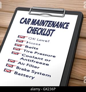 car maintenance checklist clipboard 3D image with check boxes marked for equipments of car Stock Vector