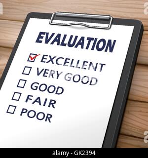 evaluation clipboard 3D image with check boxes marked for excellent, very good, good, fair and poor Stock Vector