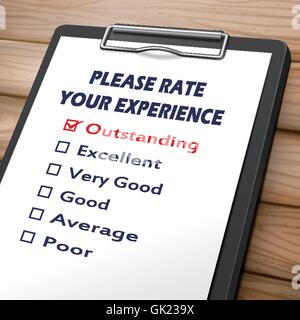 please rate your experience clipboard 3D image with check boxes marked for different levels on it Stock Vector