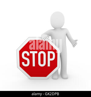 3d human stop red sign white Stock Photo