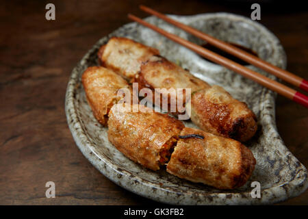 Deep Fried Vegetable Spring Rolls with Mushrooms.  Hoi An, Quang Nam Province, Vietnam. Stock Photo