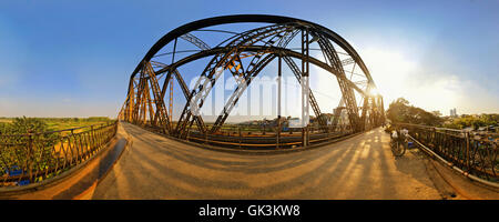 Panorama of Long Bien bridge in the afternoon Stock Photo