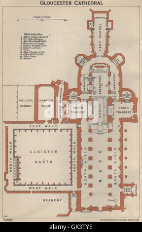 GLOUCESTER CATHEDRAL floor plan. Gloucestershire. BAEDEKER 1906 old map ...