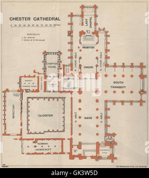 CHESTER CATHEDRAL floor plan. Cheshire. BAEDEKER 1927 old vintage map ...