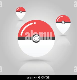 two map pin like pokeball. concept of gps navigation, retro mark, cute, find outside, entertainment application. flat style tren Stock Vector