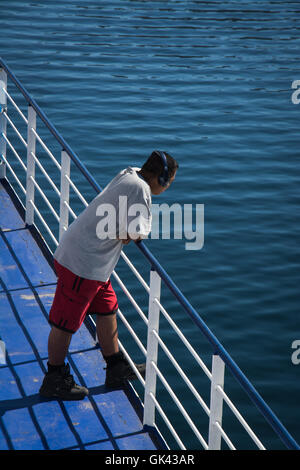 Cook Strait, New Zealand - March 5, 2016: Passenger on ferry traveling from Wellington to Picton via Marlborough Sounds, NZ Stock Photo