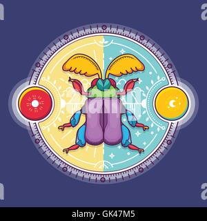 Vector Illustration of Beetle Design Elements with Line Graphic. Circle life Day and Night in Nature Concept Stock Vector