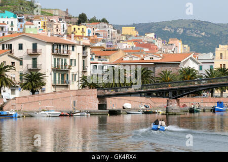 A lovely, little town on the North Western coast of Sardinia, Bosa is dominated by the Serravalle Hills Stock Photo