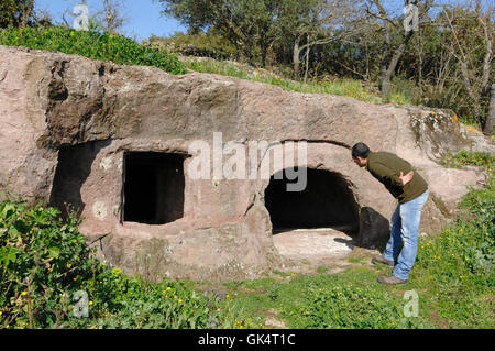 Rock cut tombs Domus de Janas, House of the Fairies, Sorradile, Sardinia, Italy Stock Photo
