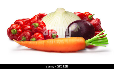 Ingredients for Belizian hot sauce. Habaneros, onion, carrot.Clipping paths, shadows separated, infinite depth of field. Design Stock Photo