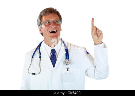 medical doctor with stethoscope pointing and laughing with finger at copy space Stock Photo