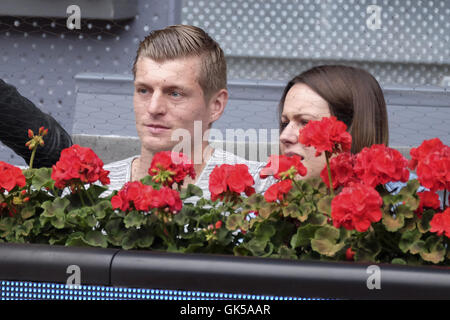 Toni Kroos and his pregnant wife Jessica Farber attend the Mutua Madrid Open at Caja Magica  Featuring: Toni Kroos, Jessica Farber Where: Madrid, Spain When: 05 May 2016 Stock Photo