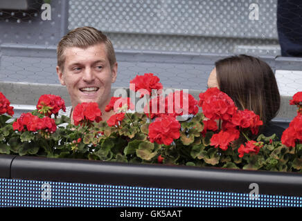 Toni Kroos and his pregnant wife Jessica Farber attend the Mutua Madrid Open at Caja Magica  Featuring: Toni Kroos, Jessica Farber Where: Madrid, Spain When: 05 May 2016 Stock Photo