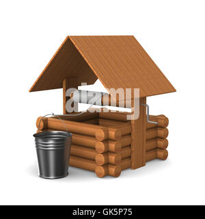 Wooden well with bucket on white background. Isolated 3D image Stock Photo