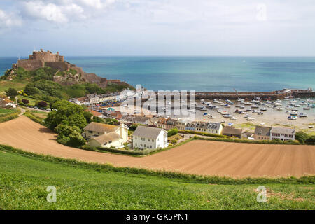 mont orgueil with harbor in gorey,jersey,uk Stock Photo