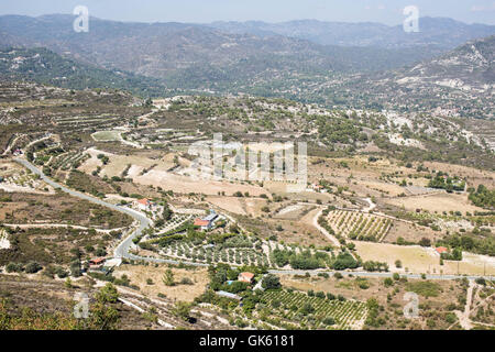 A view of the landscape and mountains from above the village of Lofou in Cyprus. Stock Photo