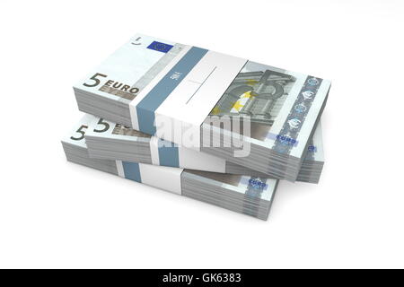 Three Packets of 5 Euro Notes with Bank Wrapper Stock Photo