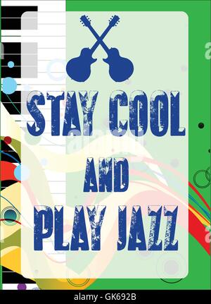 Black and white piano keys set on a jazz grunge background with the message Stay Cool and Play Jazz Stock Vector